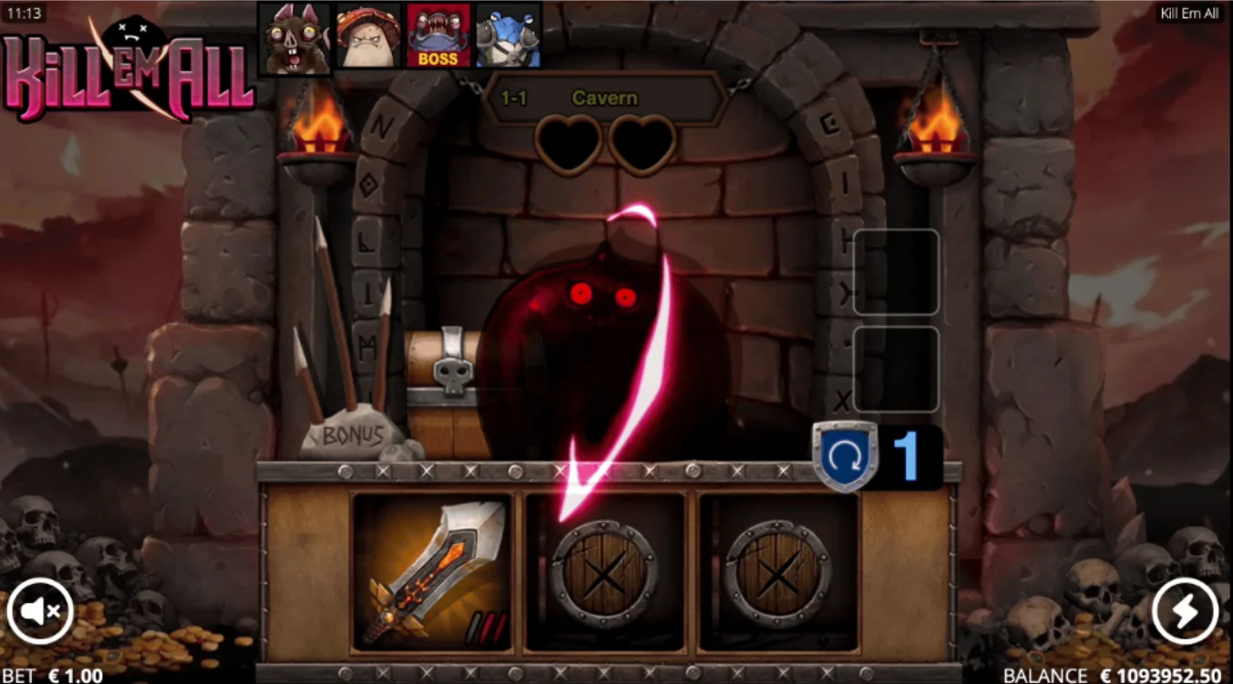 Kill Em All slot battle screen with monster, treasure chest and weapon reels